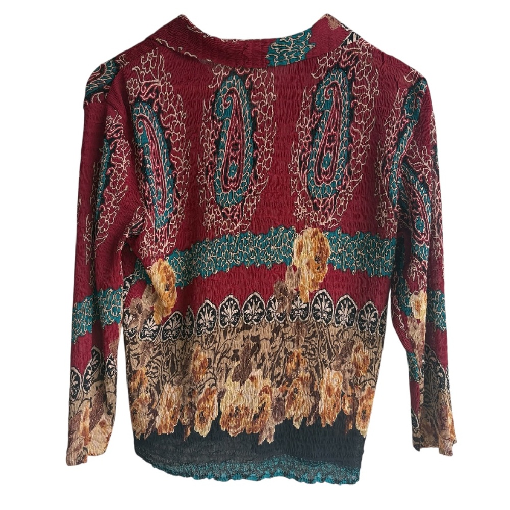 Y2K Alberto Makali Blouse Floral Paisley Crinkle Top Flowing Sequin Detail Sz L - Picture 5 of 7